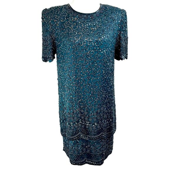 Vintage Dresses & Skirts - Vintage LAURENCE KAZAR Black Fully Beaded Shift Dress Short Sleeve Silk Art Deco